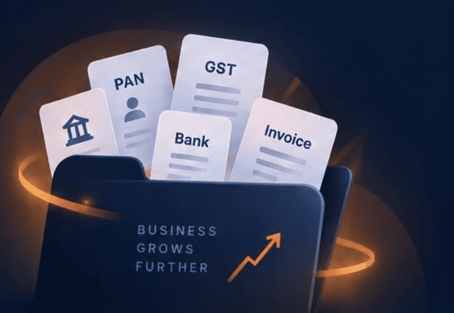 Business document folder containing PAN, GST, bank and invoice records