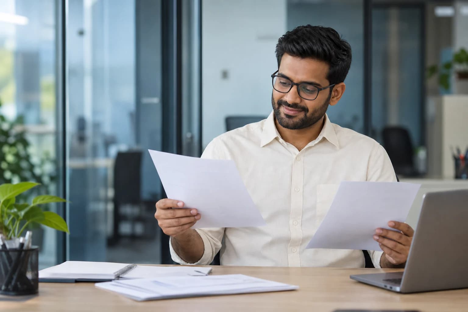 Business owner reviewing invoices at his desk