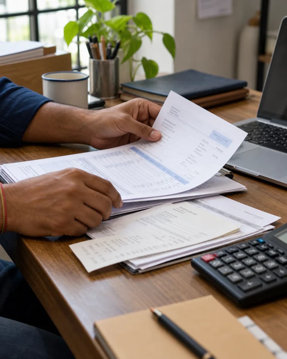 Business owner reviewing sales invoices and paperwork at a desk