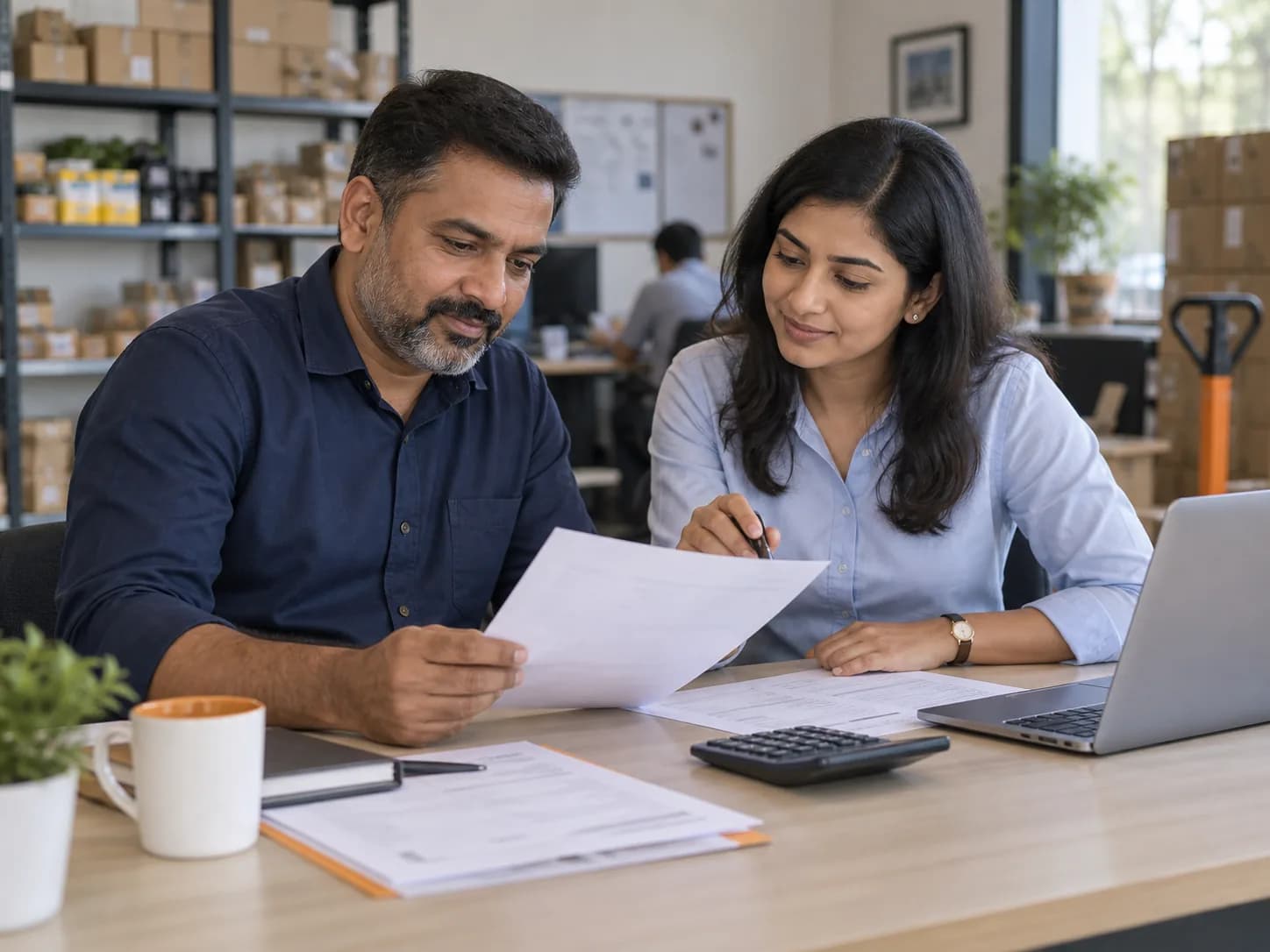 Indian business owners reviewing invoice documents together